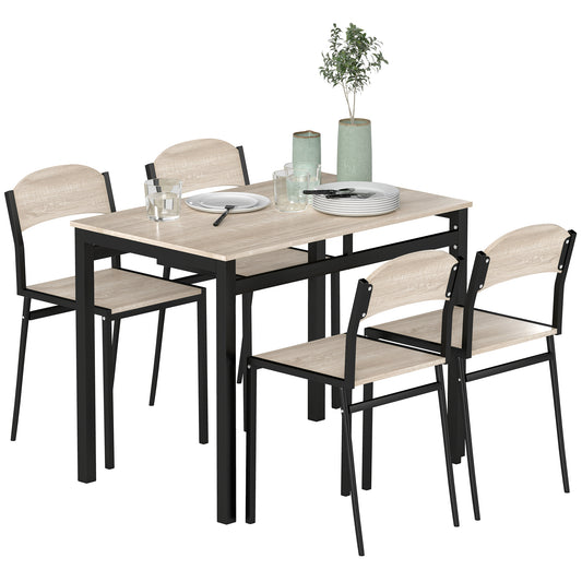 Set de masa din 5 Piese cu 1 masa dreptunghiulara 100x63x76.5 cm si 4 Scaune 45x40x82 cm, din otel si MDF, Negru si lemn natural