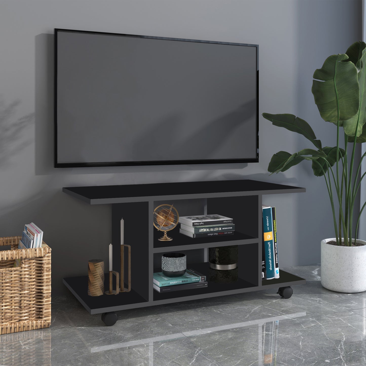 Mobilier Pentru Tv in Lemn cu Roti, Negru,40x40x80cm