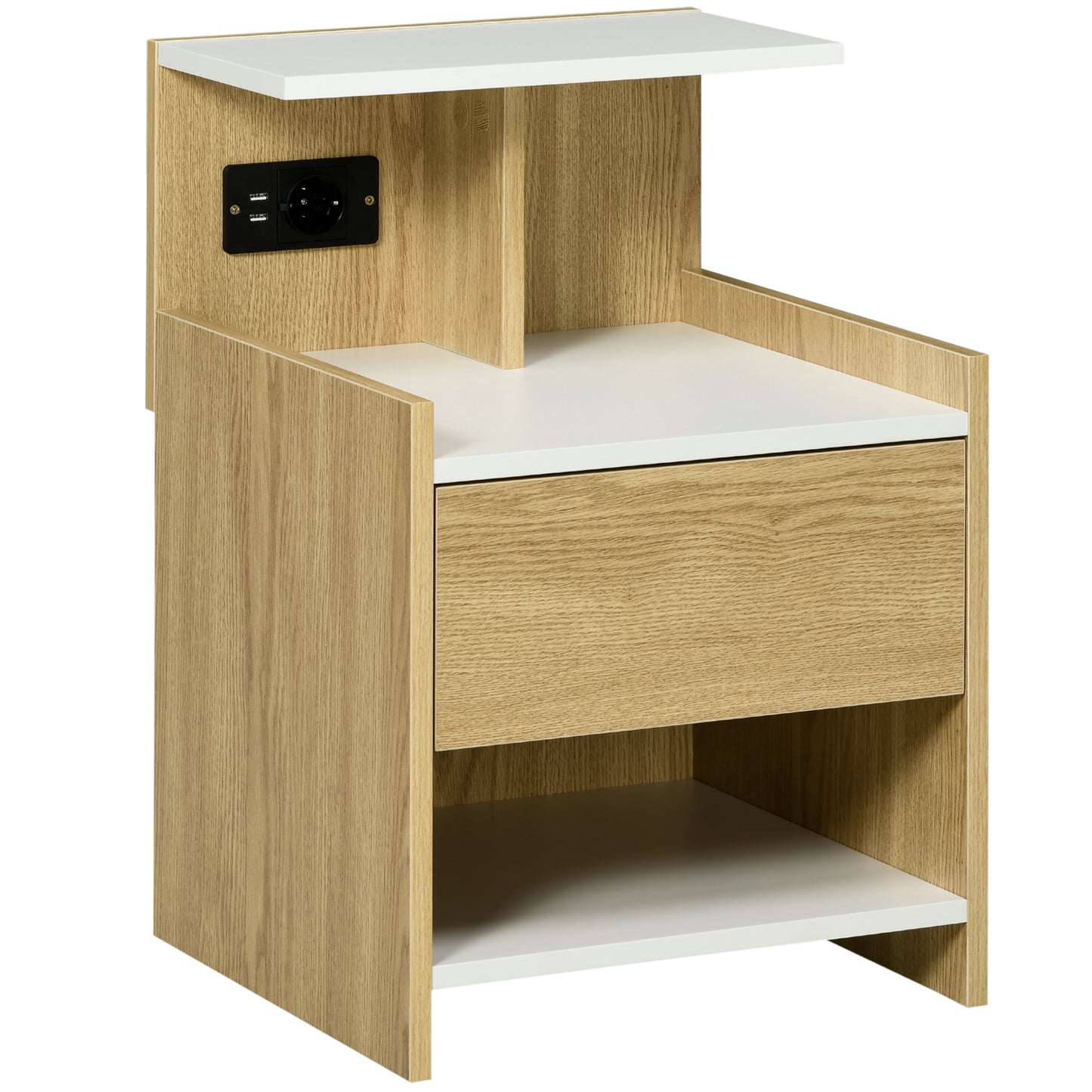 Noptieră modernă cu 2 prize, 2 porturi USB și sertar din PAL, 40x40x60cm, culoare lemn