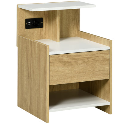 Noptieră modernă cu 2 prize, 2 porturi USB și sertar din PAL, 40x40x60cm, culoare lemn