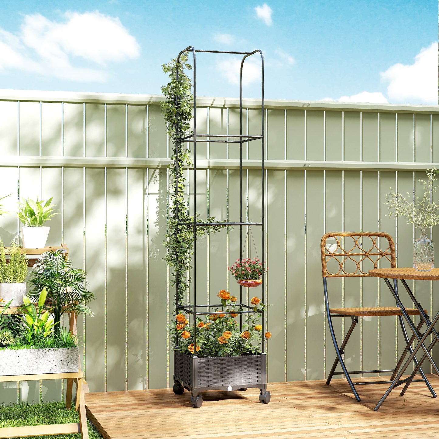 Jardinieră Înălțată Autoirigantă din Metal cu Spalier de 185 cm, cu 4 Roți Blocabile pentru Plante Cățărătoare, Recipient cu Găuri de Drenaj pentru Legume și Flori, Negru