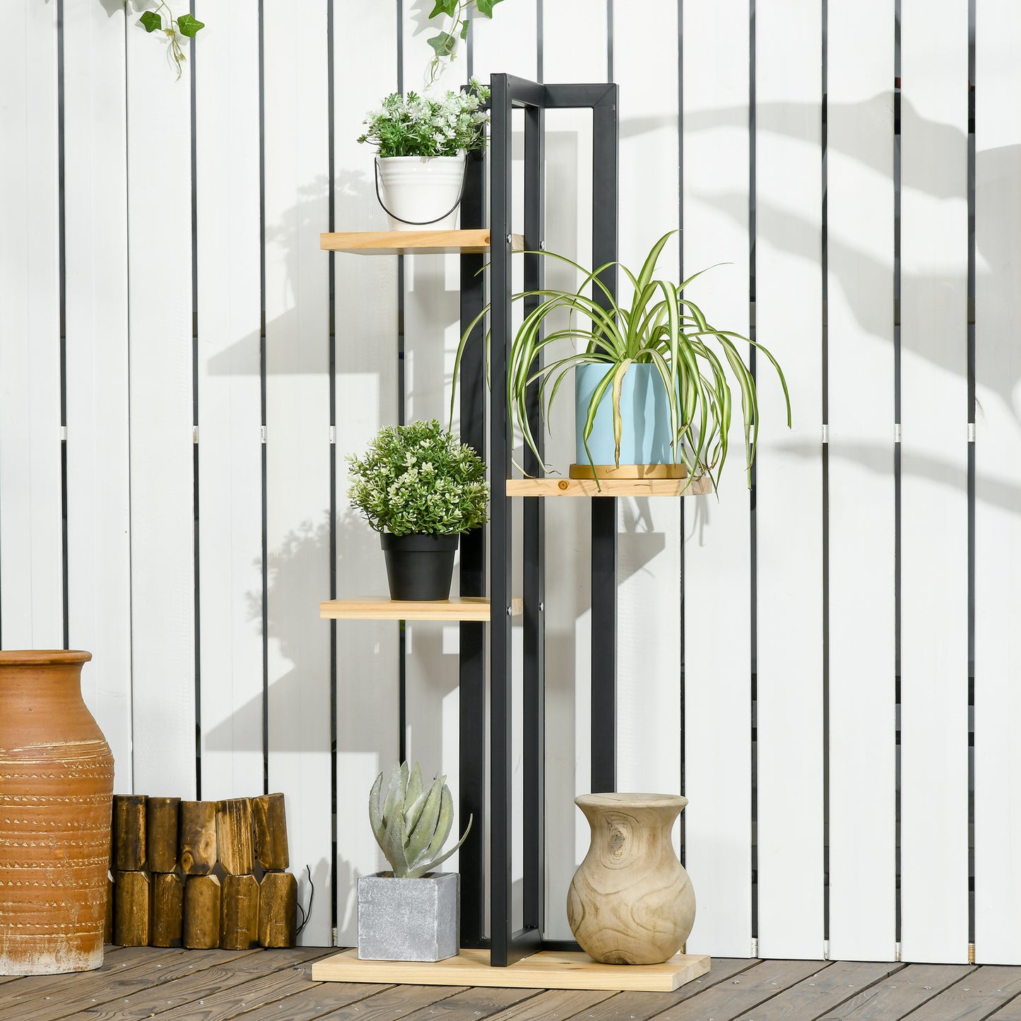 Suport pentru Plante cu 4 Etaje din Lemn de Brad și Metal, 45x25x110 cm, Negru
