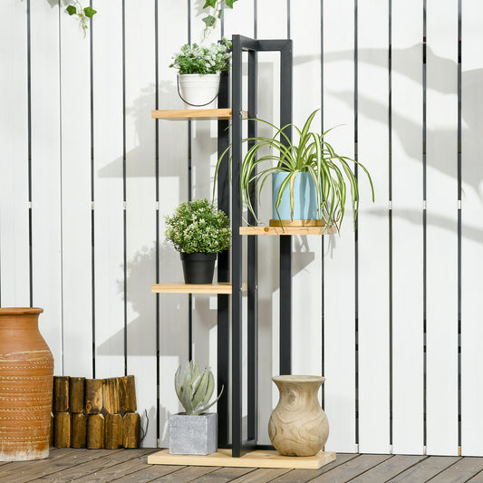 Suport pentru Plante cu 4 Etaje din Lemn de Brad și Metal, 45x25x110 cm, Negru