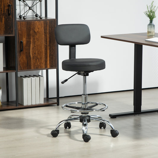 Scaun rotativ cu înălțime reglabilă și suport pentru picioare, din oțel, piele ecologică și spumă, 52x52x78-92 cm, negru