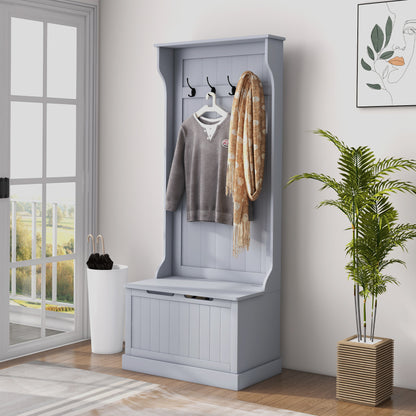 Cuier 3 în 1 cu 4 cârlige și bancă cu spațiu de depozitare, din lemn, 71,5x39,5x170 cm, gri