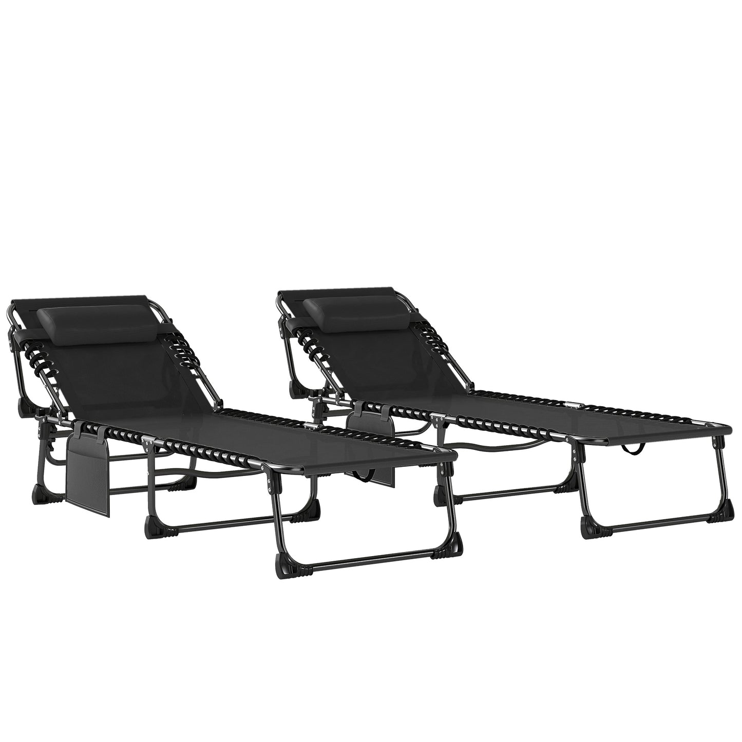 Set de 2 Șezlonguri de Grădină Pliabile, Reglabile pe 5 Niveluri, cu Perne, Șezlonguri Textilenă cu Buzunar Lateral, Mâner, pentru Plajă, Piscină, 57x200x38 cm, Negru